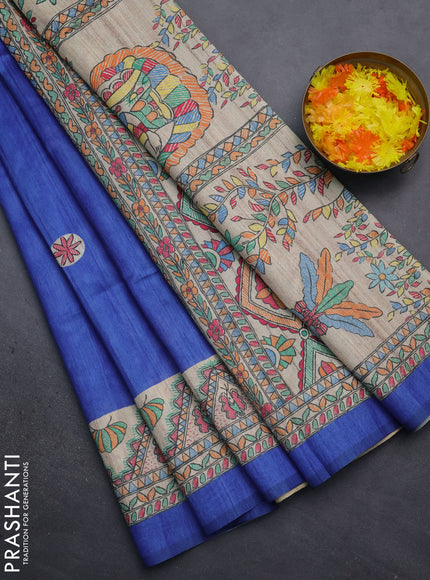 Semi tussar saree blue and beige with butta prints and madhubani printed pallu