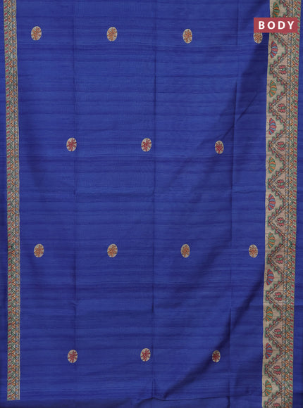 Semi tussar saree blue and beige with butta prints and madhubani printed pallu