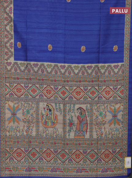 Semi tussar saree blue and beige with butta prints and madhubani printed pallu