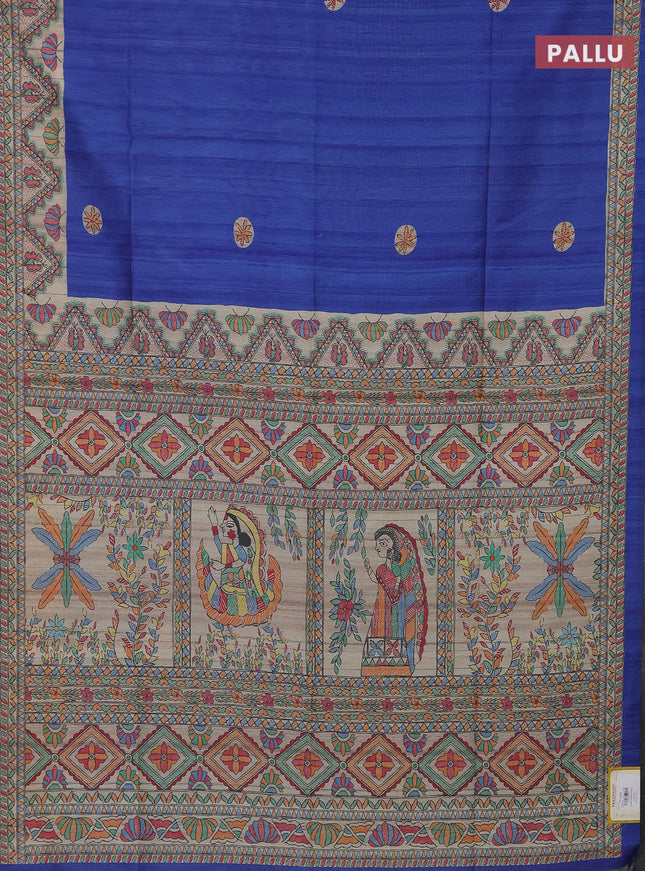 Semi tussar saree blue and beige with butta prints and madhubani printed pallu