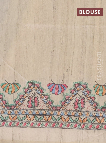 Semi tussar saree blue and beige with butta prints and madhubani printed pallu
