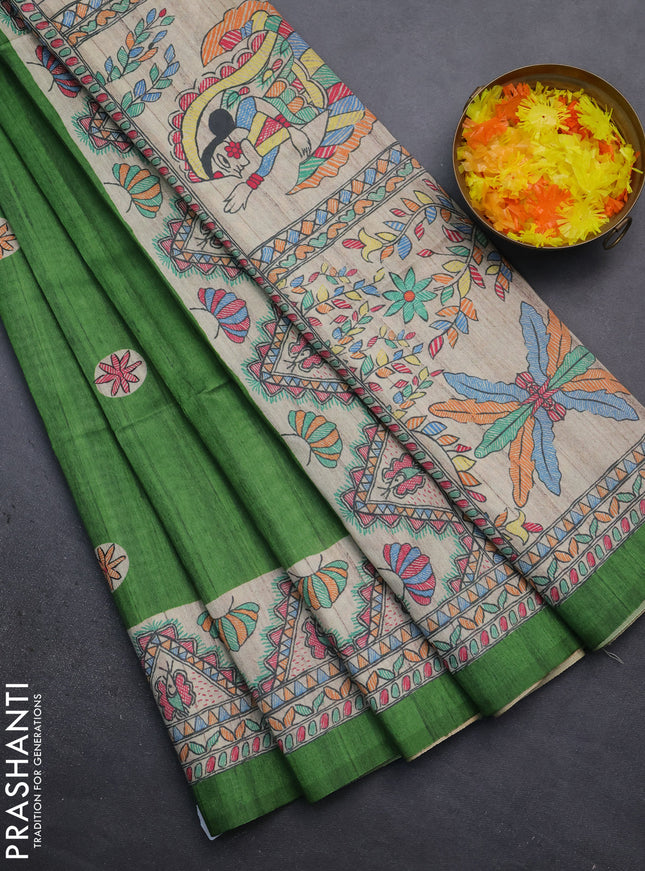 Semi tussar saree green and beige with butta prints and madhubani printed pallu