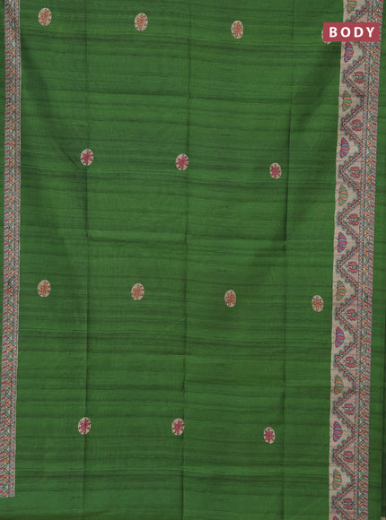 Semi tussar saree green and beige with butta prints and madhubani printed pallu