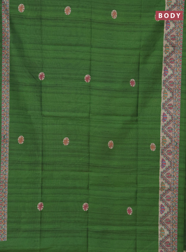 Semi tussar saree green and beige with butta prints and madhubani printed pallu