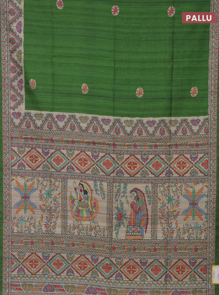 Semi tussar saree green and beige with butta prints and madhubani printed pallu