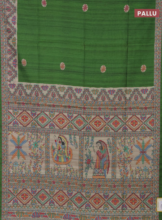 Semi tussar saree green and beige with butta prints and madhubani printed pallu