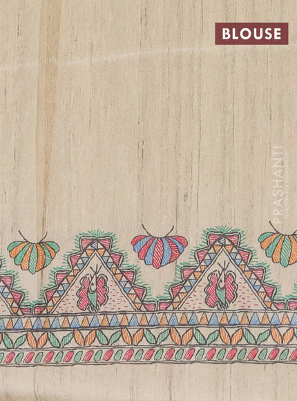 Semi tussar saree green and beige with butta prints and madhubani printed pallu