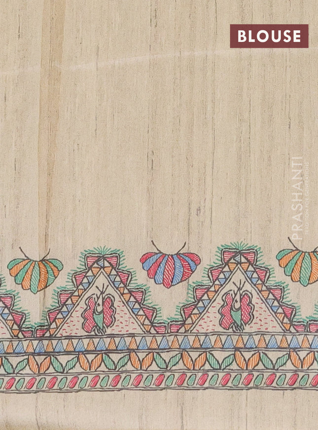 Semi tussar saree green and beige with butta prints and madhubani printed pallu