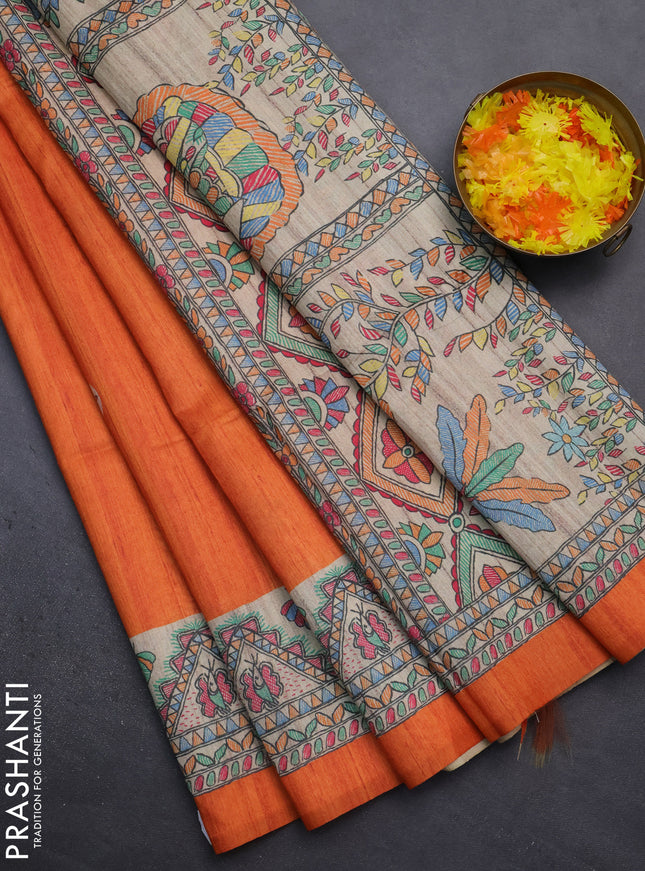 Semi tussar saree orange and beige with butta prints and madhubani printed pallu