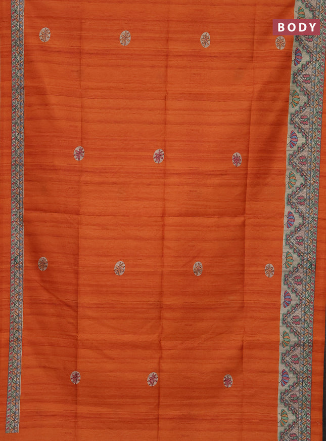 Semi tussar saree orange and beige with butta prints and madhubani printed pallu