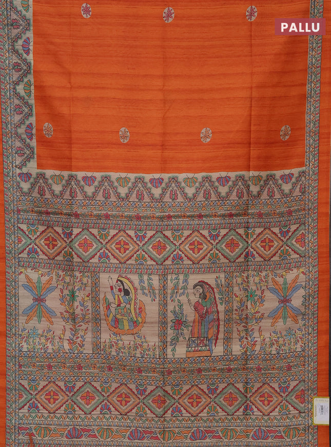 Semi tussar saree orange and beige with butta prints and madhubani printed pallu