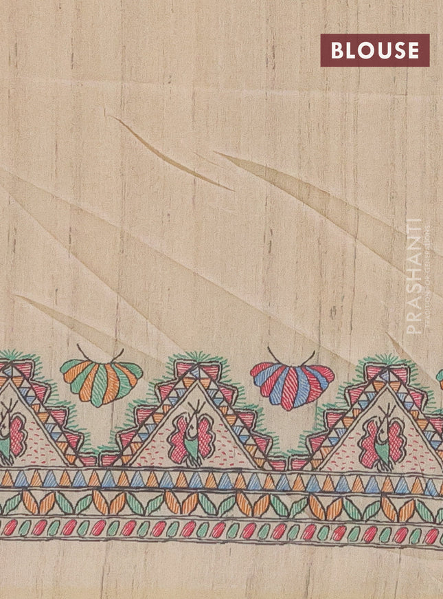 Semi tussar saree orange and beige with butta prints and madhubani printed pallu