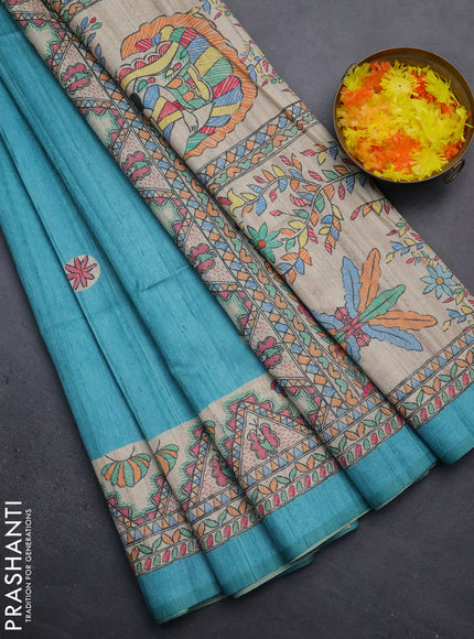 Semi tussar saree teal blue and beige with butta prints and madhubani printed pallu