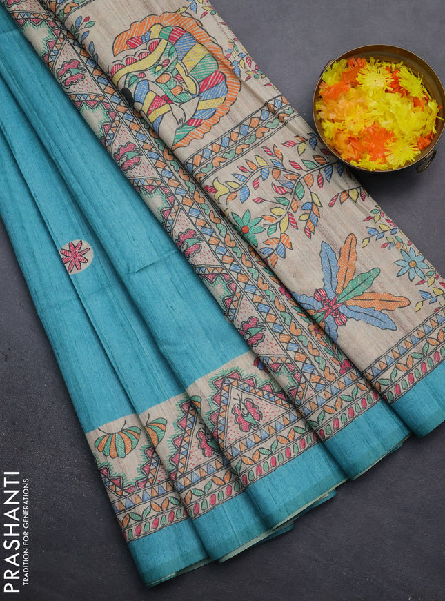 Semi tussar saree teal blue and beige with butta prints and madhubani printed pallu