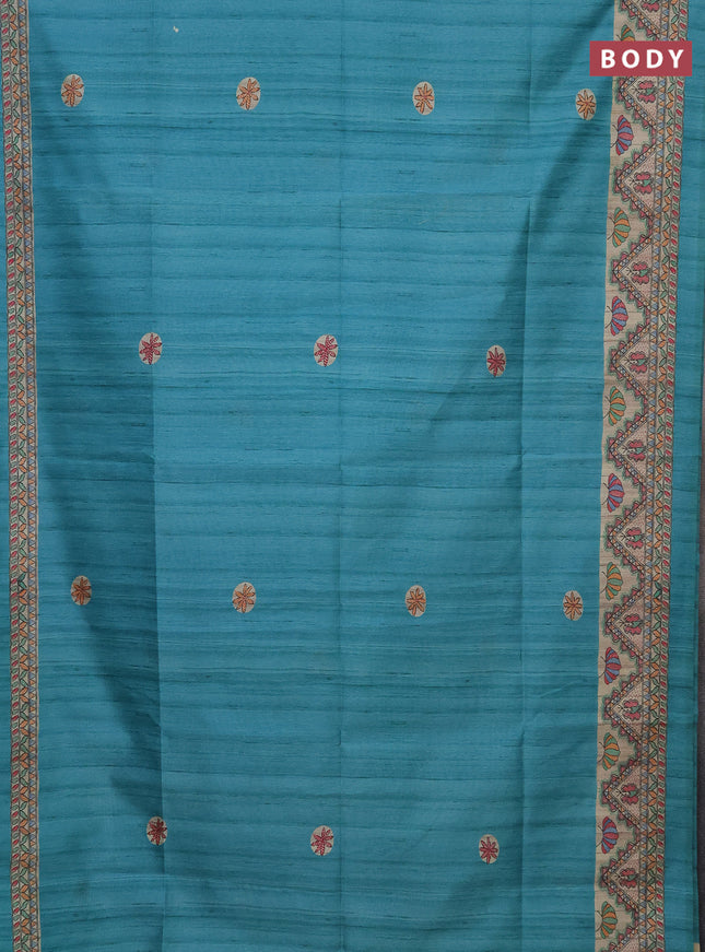 Semi tussar saree teal blue and beige with butta prints and madhubani printed pallu