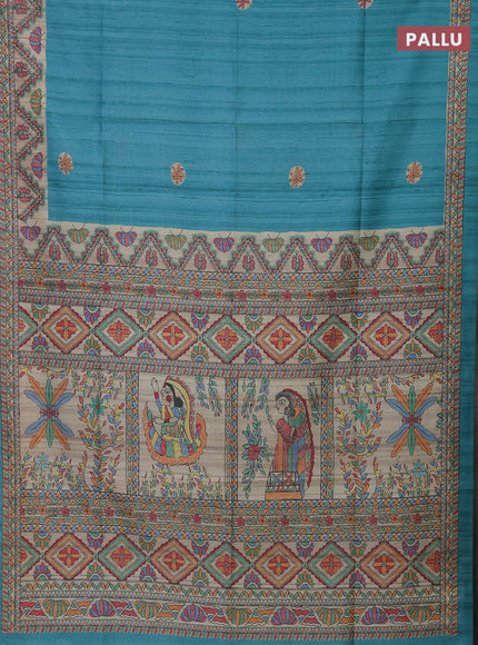 Semi tussar saree teal blue and beige with butta prints and madhubani printed pallu
