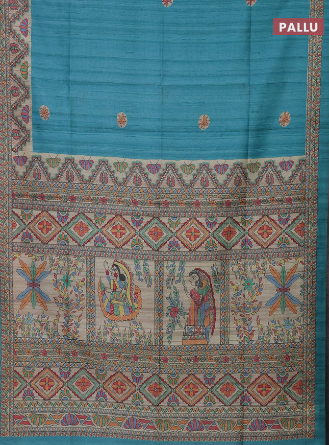 Semi tussar saree teal blue and beige with butta prints and madhubani printed pallu