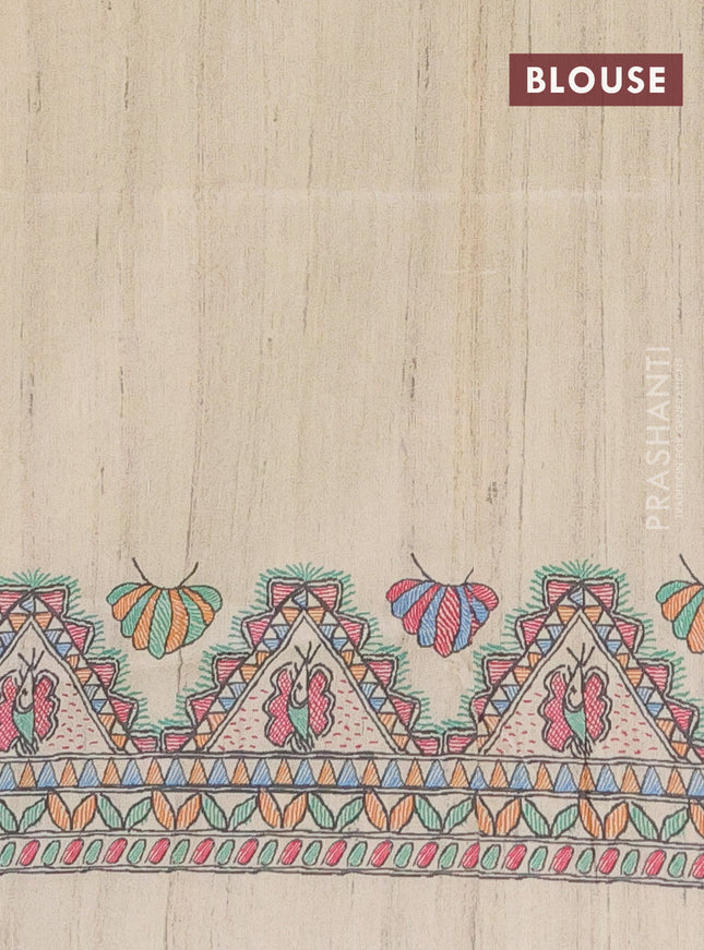 Semi tussar saree teal blue and beige with butta prints and madhubani printed pallu