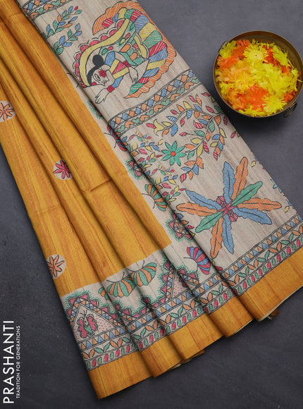 Semi tussar saree mustard yellow and beige with butta prints and madhubani printed pallu