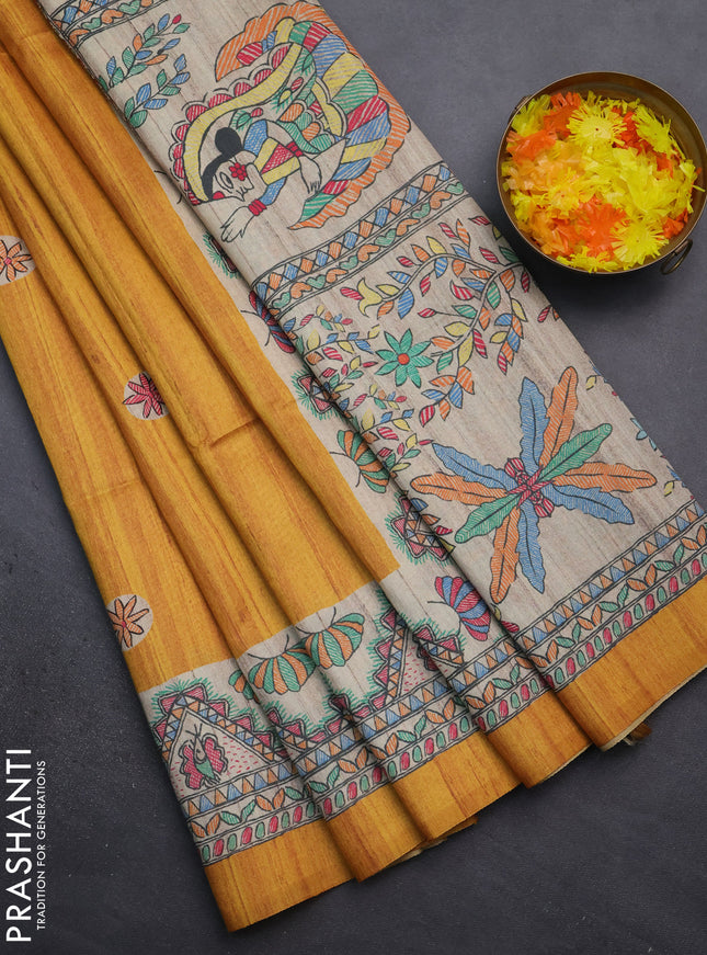 Semi tussar saree mustard yellow and beige with butta prints and madhubani printed pallu