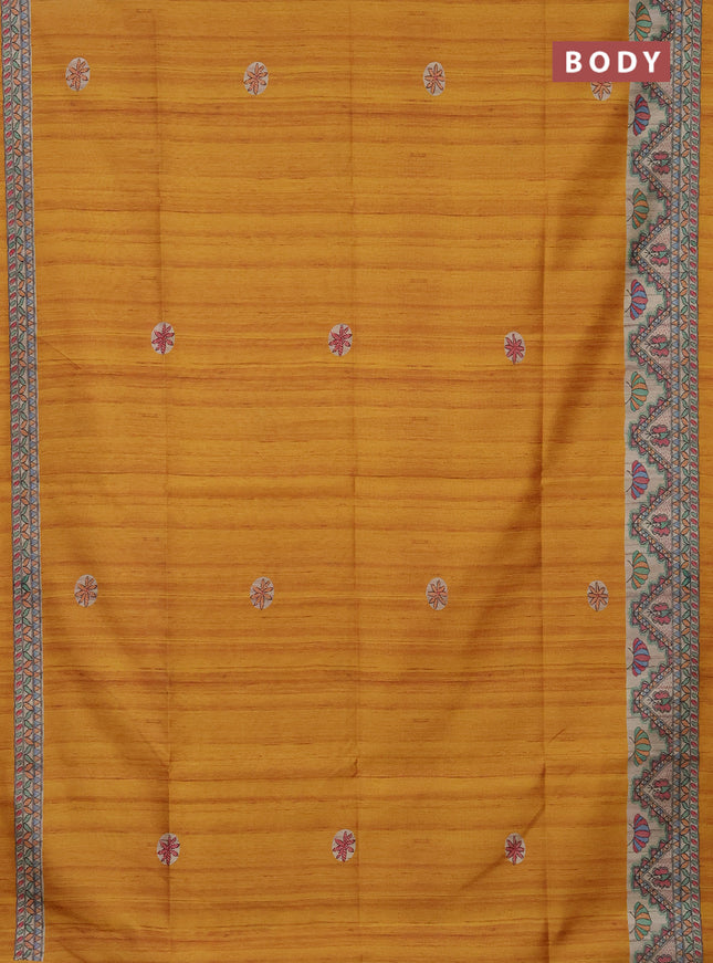 Semi tussar saree mustard yellow and beige with butta prints and madhubani printed pallu
