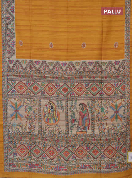 Semi tussar saree mustard yellow and beige with butta prints and madhubani printed pallu