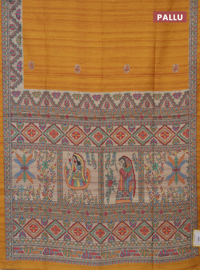Semi tussar saree mustard yellow and beige with butta prints and madhubani printed pallu