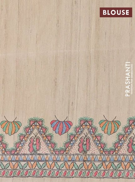 Semi tussar saree mustard yellow and beige with butta prints and madhubani printed pallu