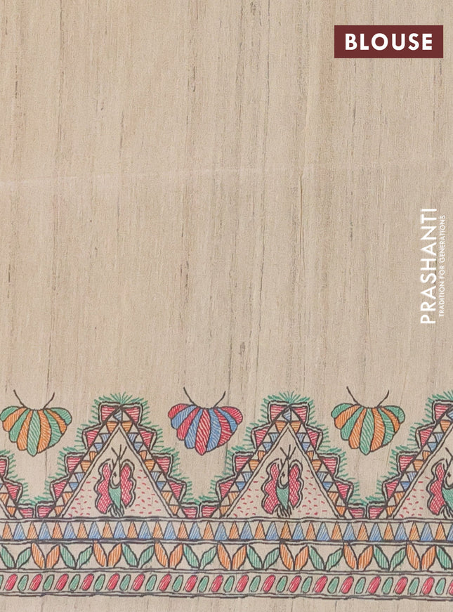 Semi tussar saree mustard yellow and beige with butta prints and madhubani printed pallu