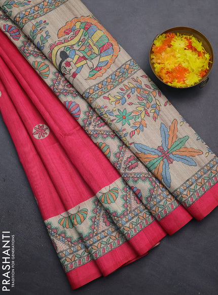 Semi tussar saree pink and beige with butta prints and madhubani printed pallu