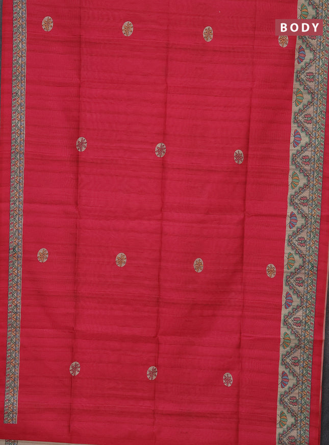 Semi tussar saree pink and beige with butta prints and madhubani printed pallu