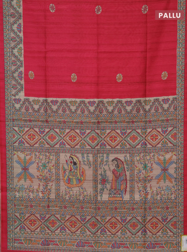 Semi tussar saree pink and beige with butta prints and madhubani printed pallu