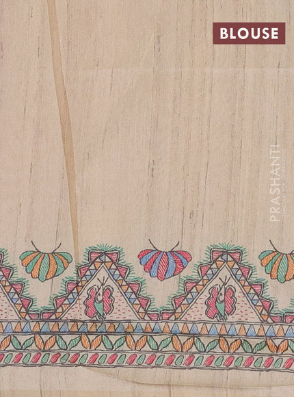 Semi tussar saree pink and beige with butta prints and madhubani printed pallu