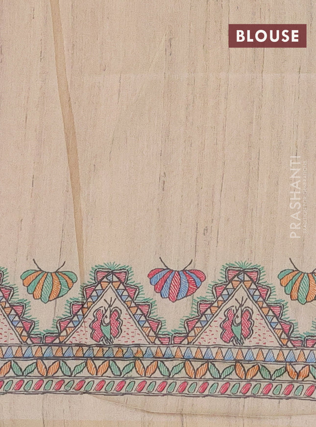 Semi tussar saree pink and beige with butta prints and madhubani printed pallu