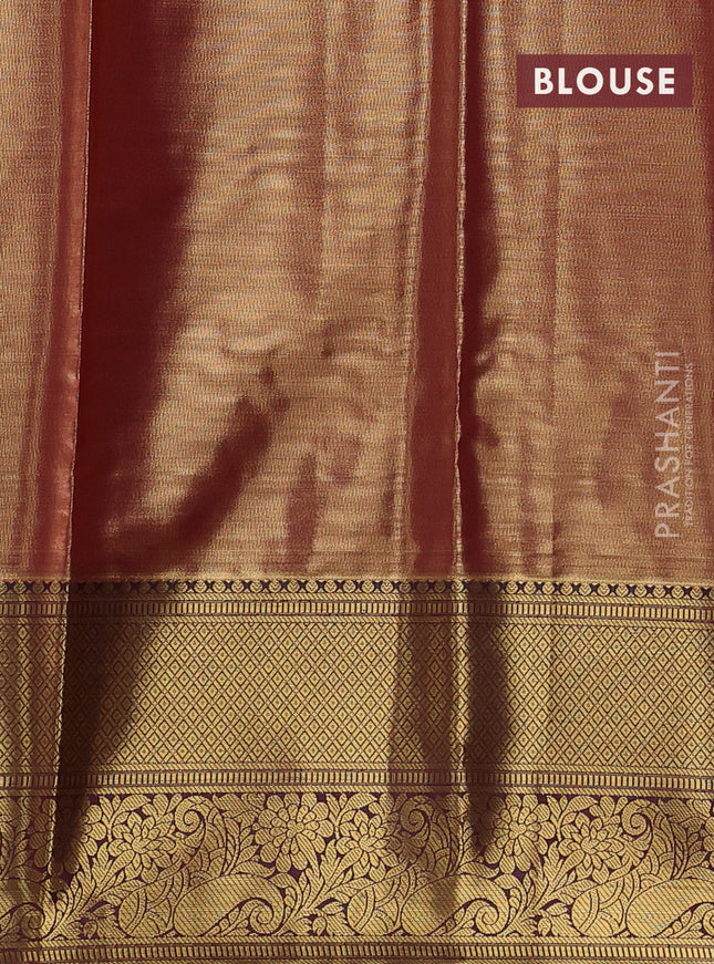 Bangalori tissue silk saree dual shade of green and deep maroon with allover zari woven brocade weaves and long zari woven border