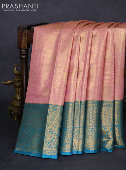 Bangalori tissue silk saree mild peach and peacock blue with allover zari woven brocade weaves and long zari woven border