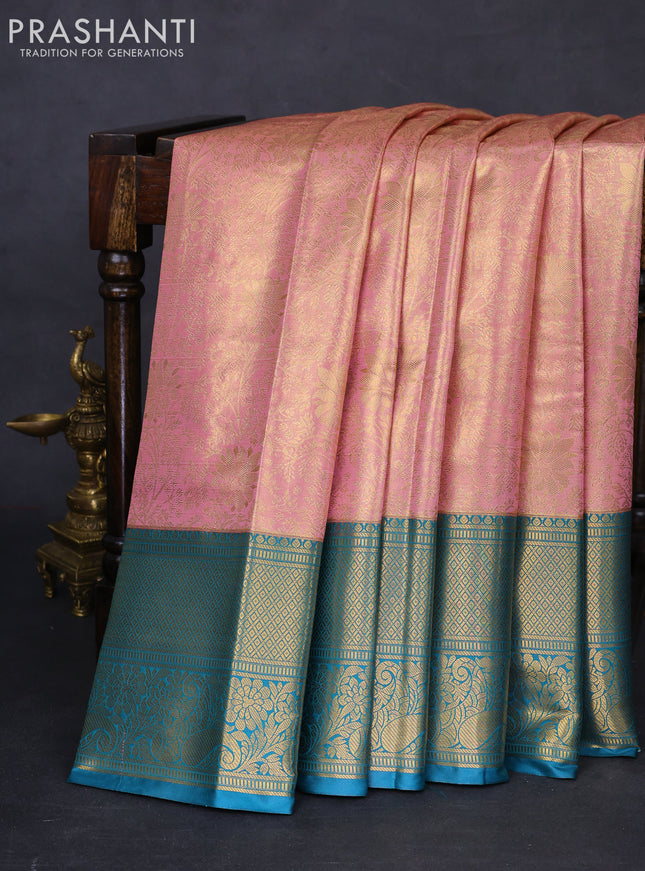 Bangalori tissue silk saree mild peach and peacock blue with allover zari woven brocade weaves and long zari woven border