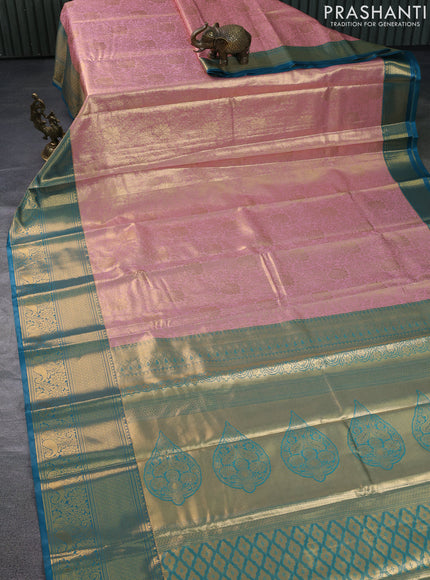 Bangalori tissue silk saree mild peach and peacock blue with allover zari woven brocade weaves and long zari woven border