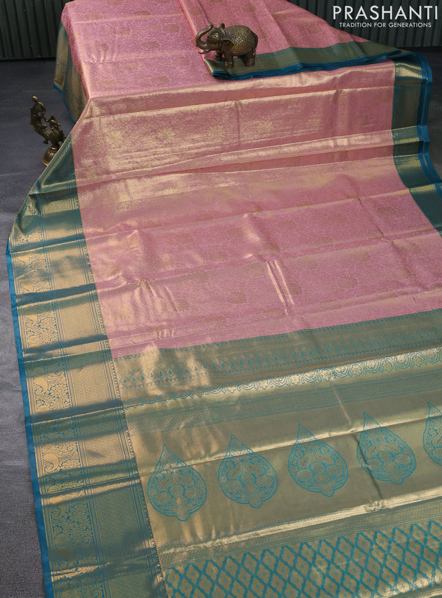 Bangalori tissue silk saree mild peach and peacock blue with allover zari woven brocade weaves and long zari woven border