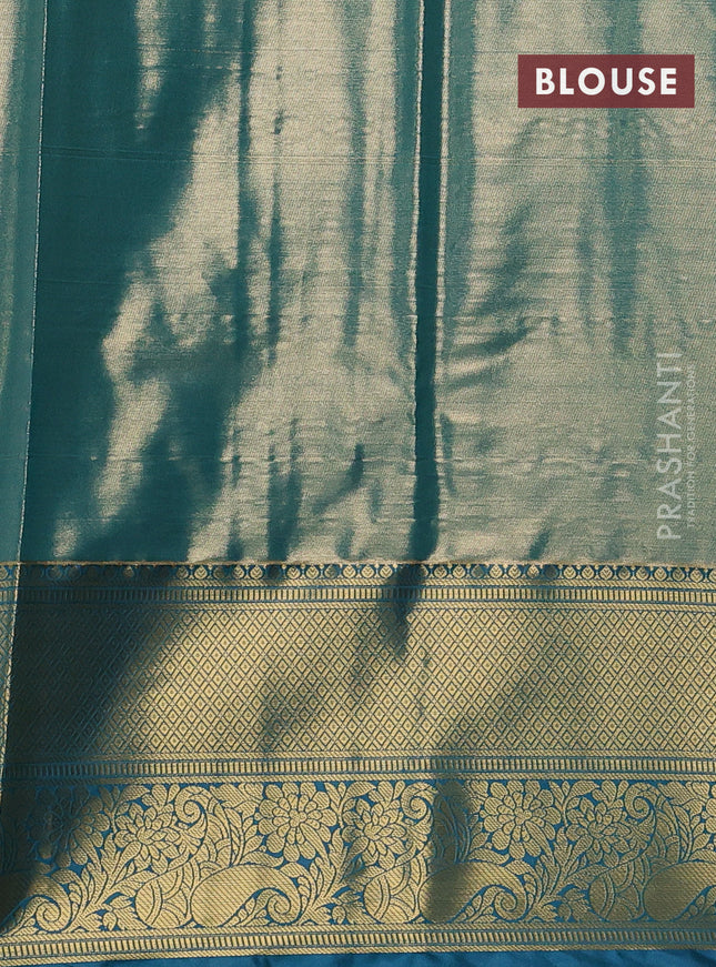 Bangalori tissue silk saree mild peach and peacock blue with allover zari woven brocade weaves and long zari woven border