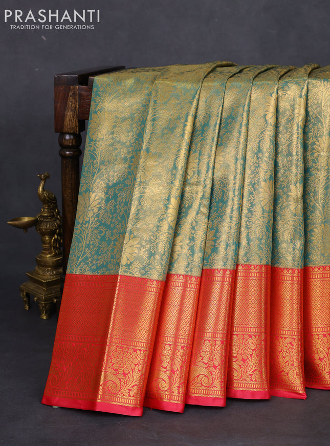 Bangalori tissue silk saree teal green and pink with allover zari woven brocade weaves and long zari woven border