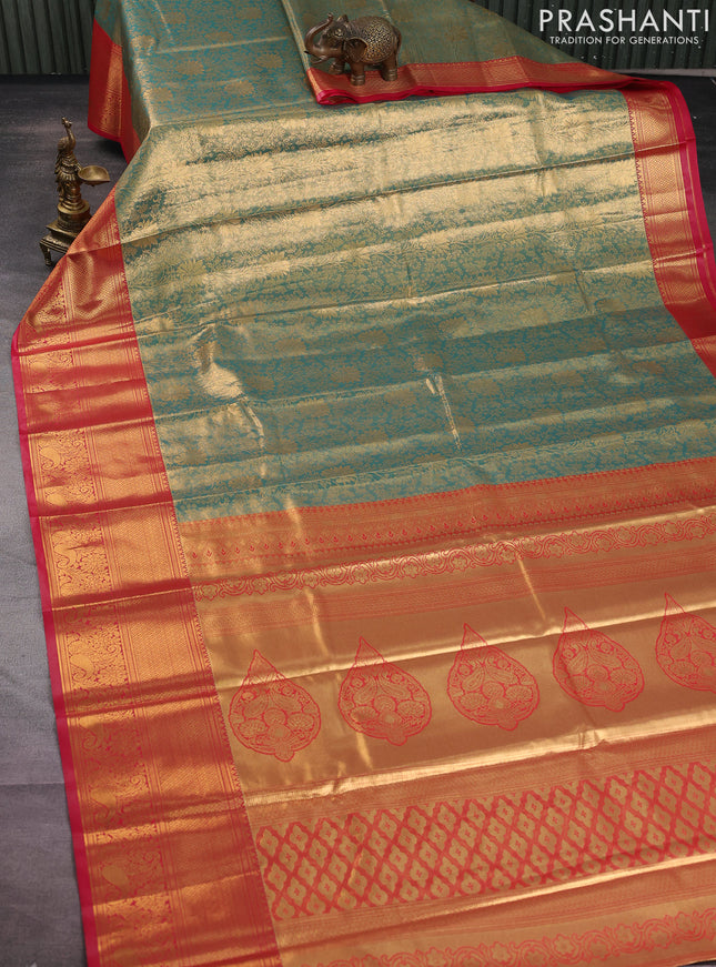 Bangalori tissue silk saree teal green and pink with allover zari woven brocade weaves and long zari woven border