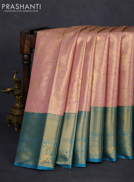 Bangalori tissue silk saree pastel pink and peacock blue with allover zari woven brocade weaves and long zari woven border