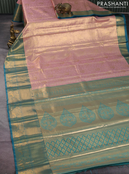 Bangalori tissue silk saree pastel pink and peacock blue with allover zari woven brocade weaves and long zari woven border