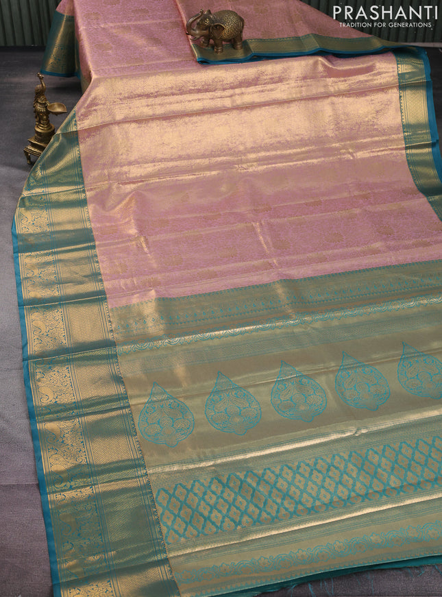 Bangalori tissue silk saree pastel pink and peacock blue with allover zari woven brocade weaves and long zari woven border