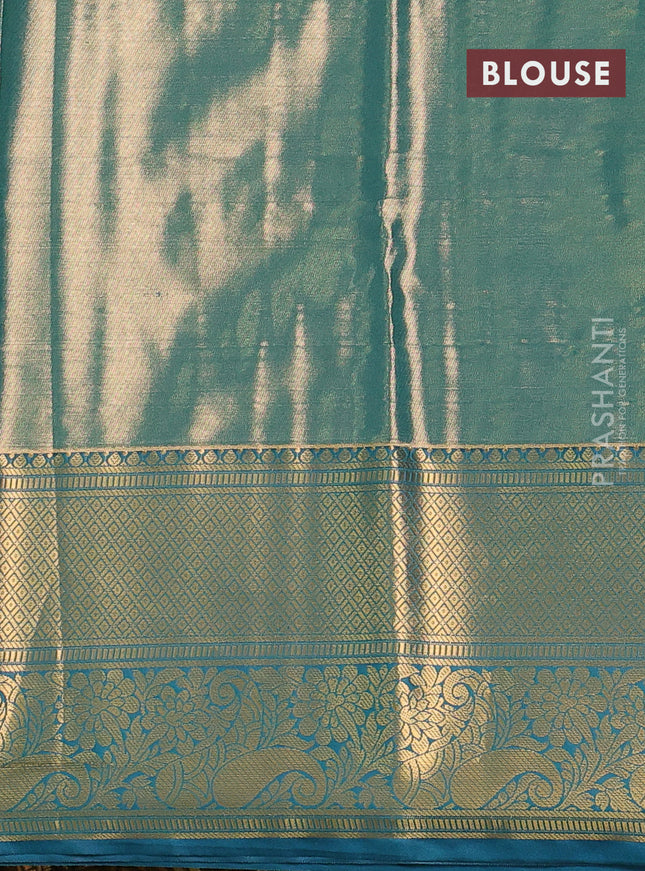 Bangalori tissue silk saree pastel pink and peacock blue with allover zari woven brocade weaves and long zari woven border