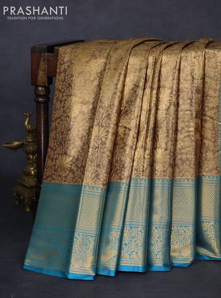 Bangalori tissue silk saree gold and peacock blue with allover zari woven brocade weaves and long zari woven border
