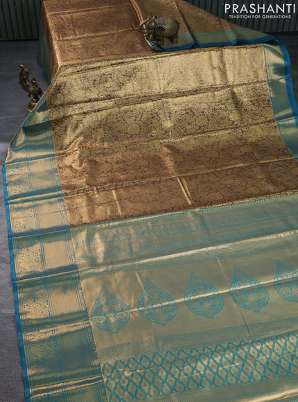 Bangalori tissue silk saree gold and peacock blue with allover zari woven brocade weaves and long zari woven border