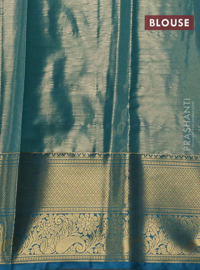 Bangalori tissue silk saree gold and peacock blue with allover zari woven brocade weaves and long zari woven border