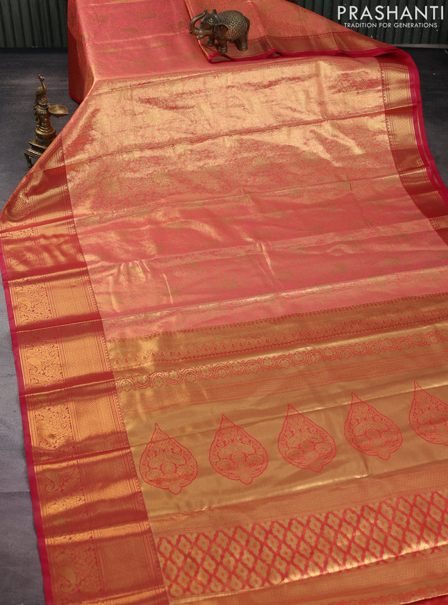 Bangalori tissue silk saree peach pink and pink with allover zari woven brocade weaves and long zari woven border